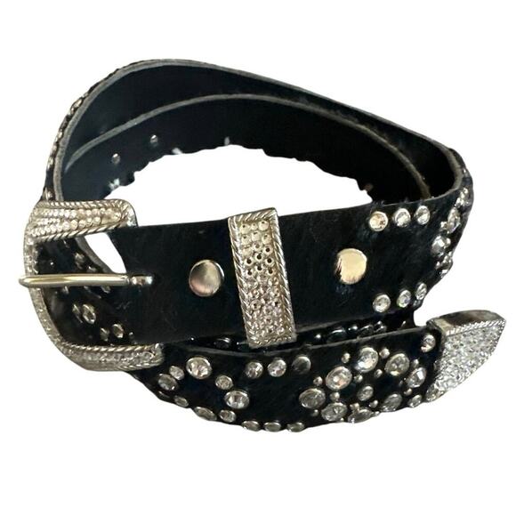 Kippys Swarovski Crystal Rhinestone Cow Hide Black Leather Belt Size 36 - Picture 1 of 6